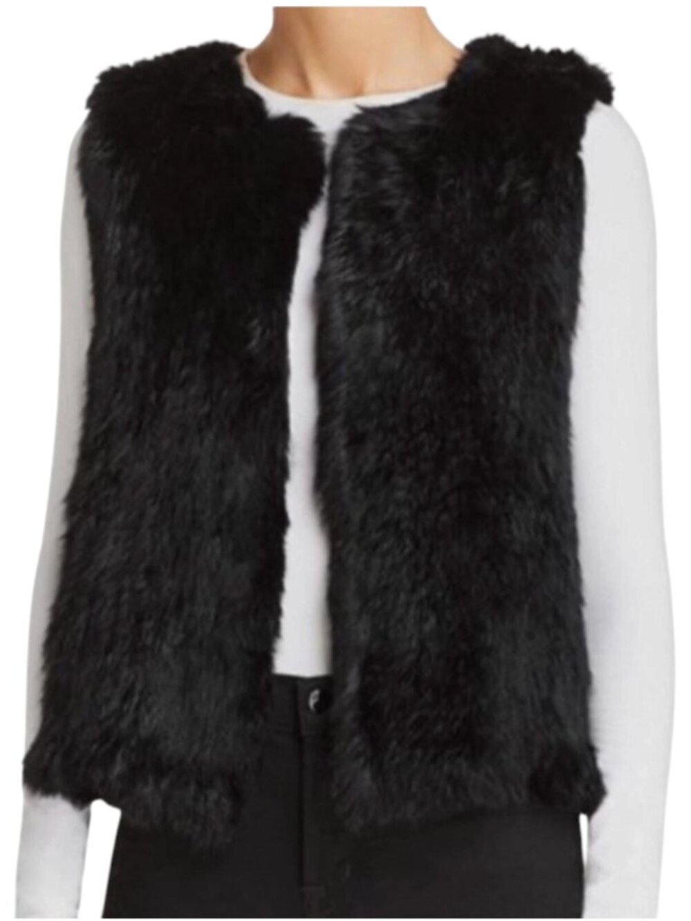 525 America Luxe Rabbit Fur Vest Coat Womens Small Black Open Front Jacket